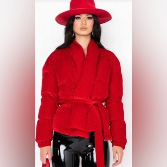 NWOT Azalea Wang Velvet Red WrapPuffer Coat